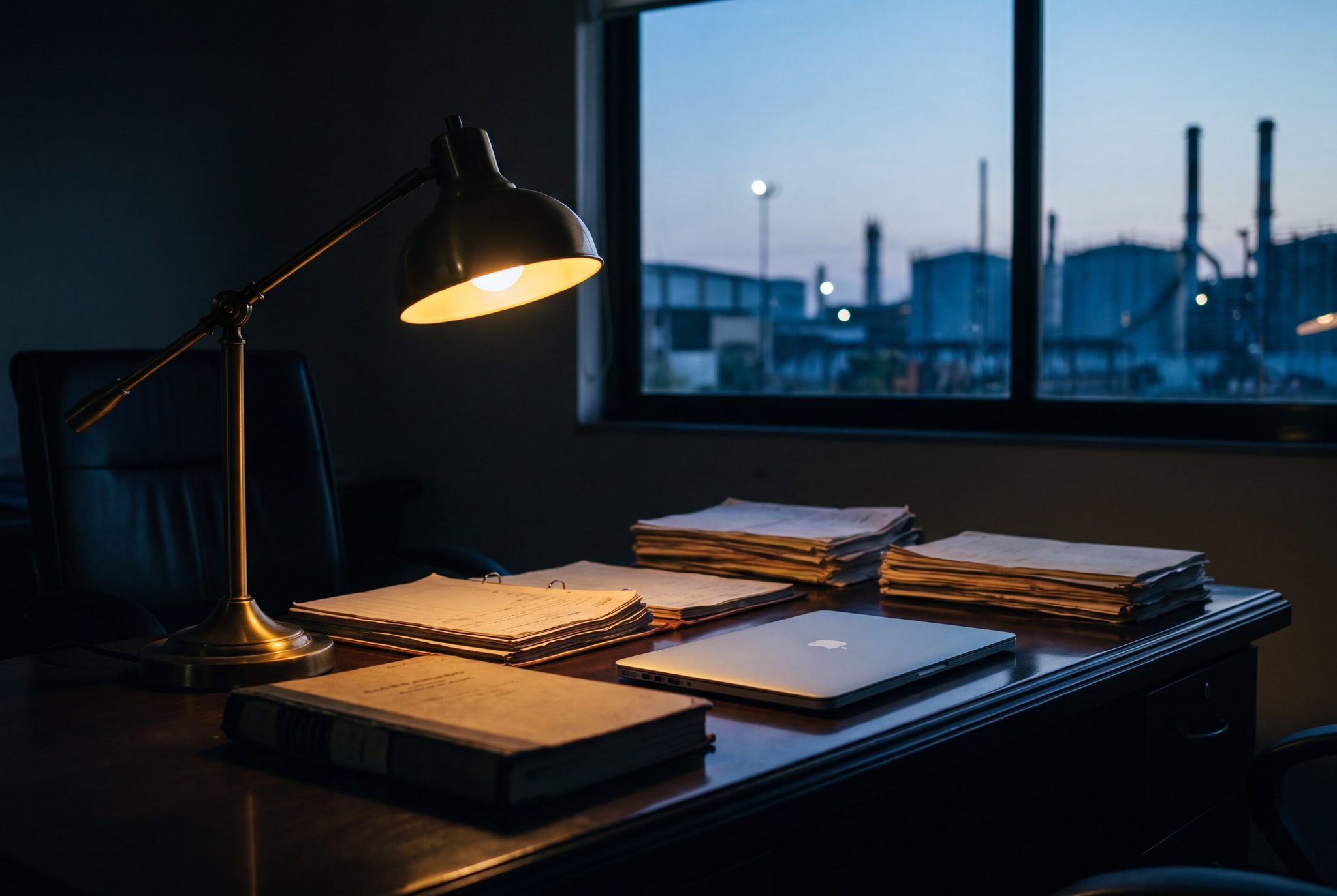 Promoter-owner's desk at 6am, pre-dawn factory yard through the window